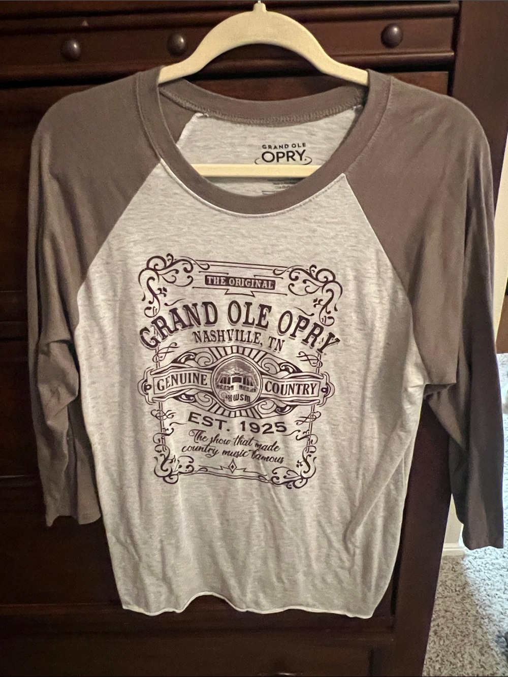Grand Ole Opry Women's Raglan Long Sleeve Tee - Light Gray and Brown